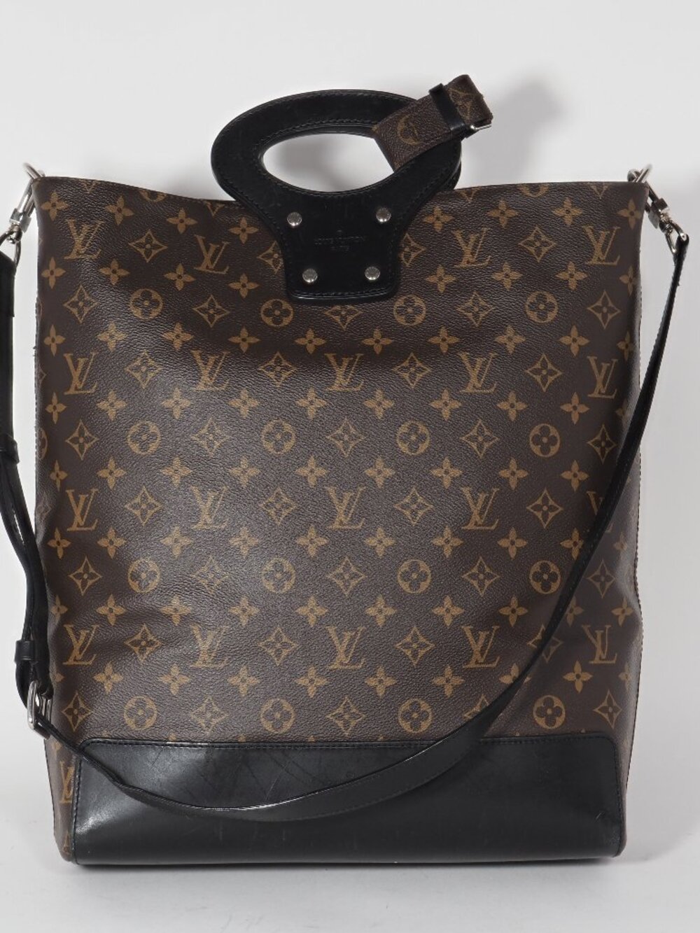 Louis Vuitton Monogram North South Tote Bag Black Leather Trim Strap